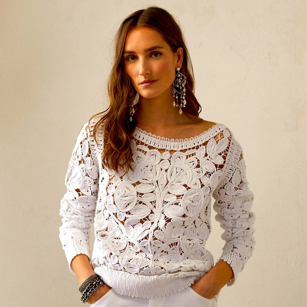 SOLD Ralph Lauren Purple Label White Crochet Spring Summer Sweater XL